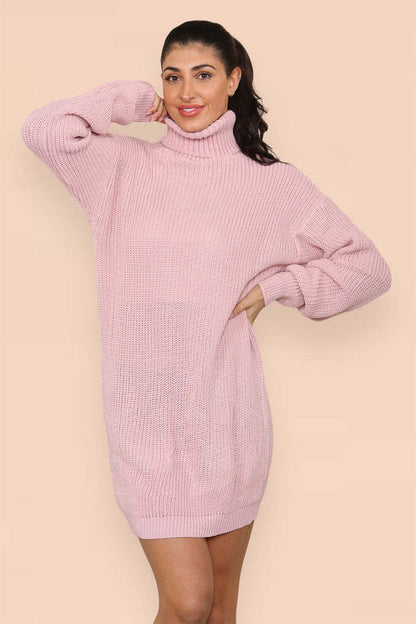 Polo Roll Neck Over Sized Ribbed Knitted Florescent Chunky Sweater Jumper Dress