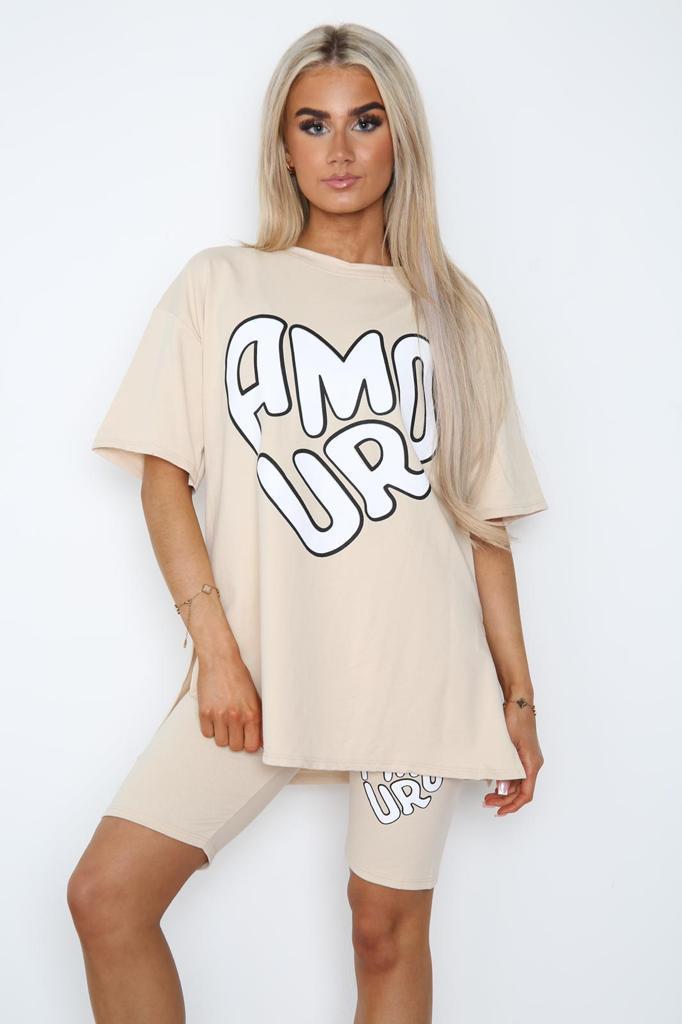 Cycling Short And T-Shirts Co-Ord Two Piece Side Slit Set With Front Printed Slogan