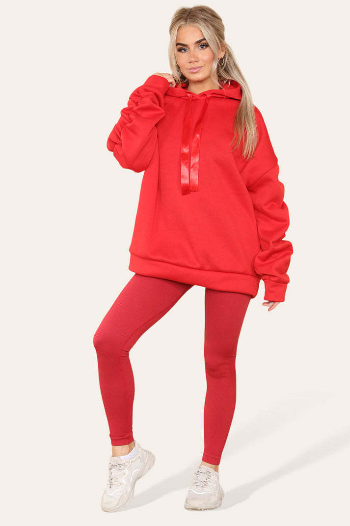 Plus Size Ruched Sleeves Hoodie With Satin Ribbon With High Waist High Rise Seamless Ribbed Legging Set