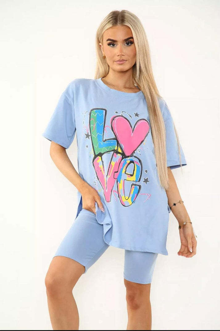 Cycling Short And T-Shirts Co-Ord Two Piece Side Slit Set With Front Printed Slogan