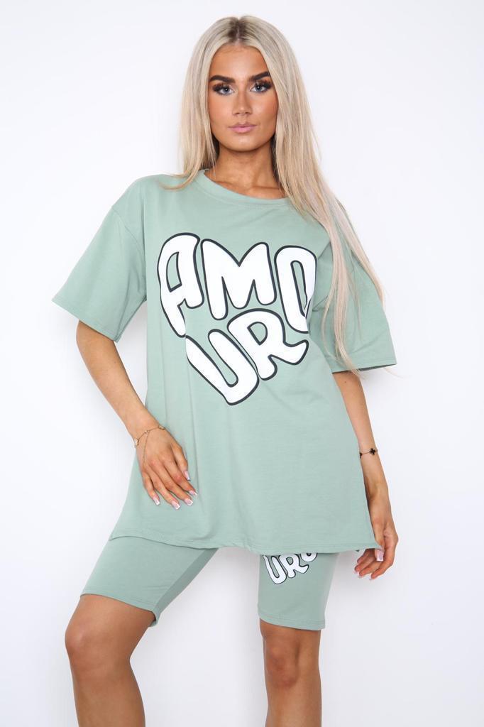 Cycling Short And T-Shirts Co-Ord Two Piece Side Slit Set With Front Printed Slogan