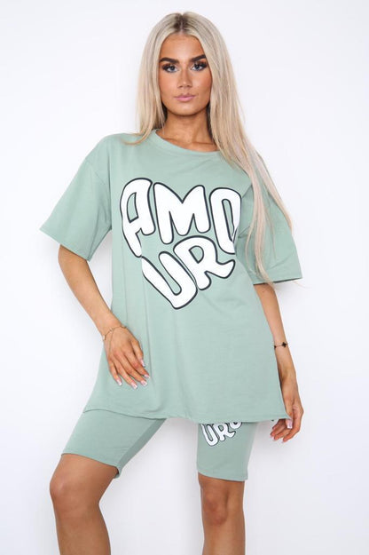 Cycling Short And T-Shirts Co-Ord Two Piece Side Slit Set With Front Printed Slogan