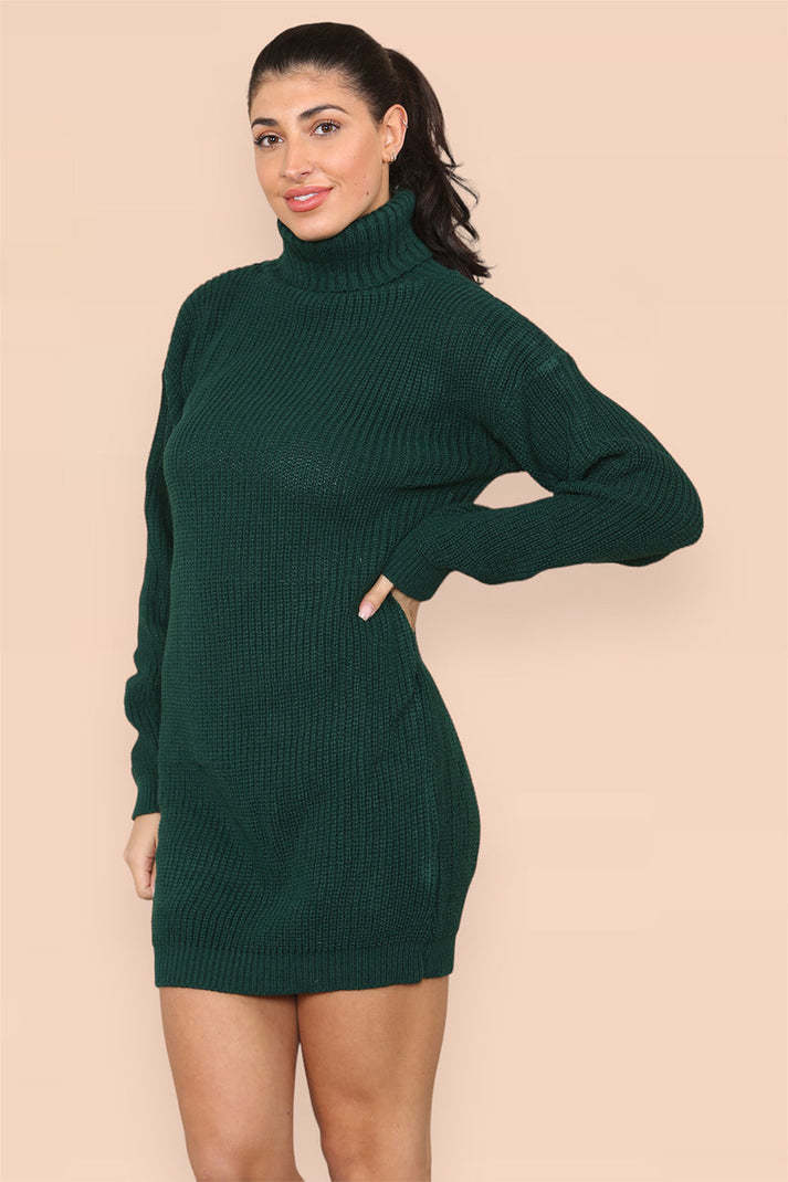 Polo Roll Neck Over Sized Ribbed Knitted Florescent Chunky Sweater Jumper Dress