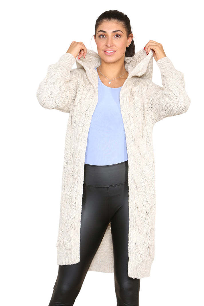 Knitted Cables Hooded Long Over Sized Cardigan