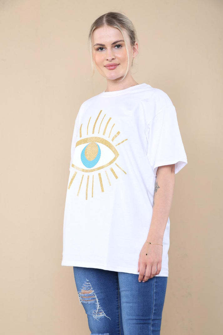 Ladies Oversized Sequin Eye Printed Short Sleeves T Shirt Top