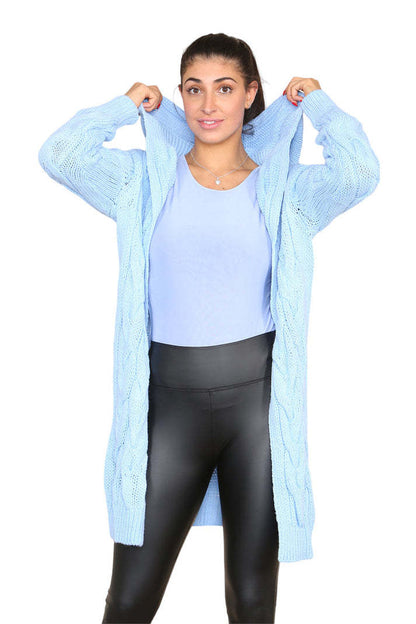 Knitted Cables Hooded Long Over Sized Cardigan