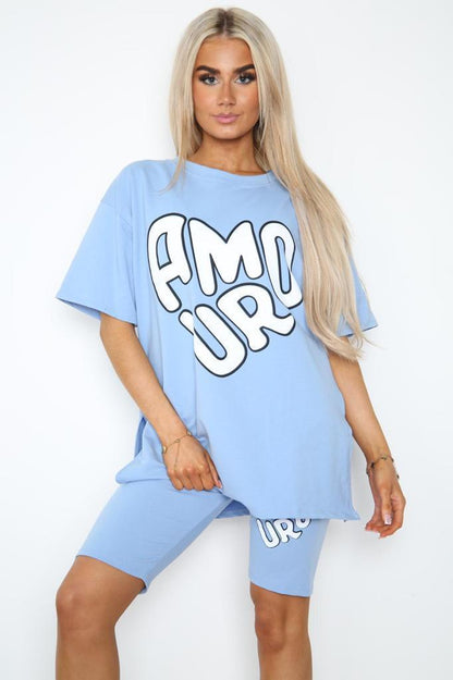 Cycling Short And T-Shirts Co-Ord Two Piece Side Slit Set With Front Printed Slogan