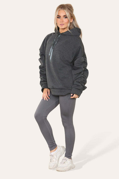 Plus Size Ruched Sleeves Hoodie With Satin Ribbon With High Waist High Rise Seamless Ribbed Legging Set