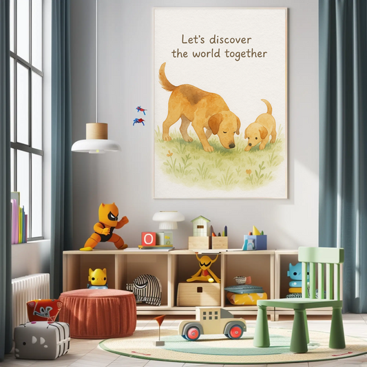 Let’s Discover the World Together Labrador Puppy & Parent Watercolour Nursery Children's Room Wall Decor Print